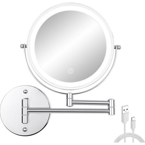 Miroir de maquillage mural avec lumières, 20,3 cm double face 3x, miroir de rasage grossissant pour salle de bain avec, miroir cosmétique extensible rechargeable (1/5)