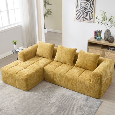 FloraGrace Canape L modulable 250 x 158 x 60 cm, chenille jaune, 3 coussins, poches laterales, sans montage (1/5)