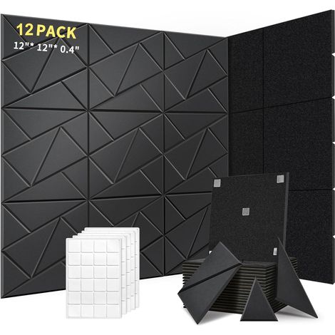 Lot de 12 panneaux acoustiques auto-adhésifs, rembourrage insonorisant en polyester, panneaux muraux insonorisants haute densité, 30 x 30 x 1 cm, noir (1/5)