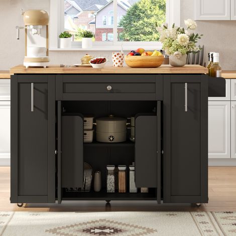 Îlot de cuisine mobile 120x70x87 cm, desserte à roulettes avec plateau rabattable, 3 tiroirs, 2 portes et étagère à épices, MDF, Noir (1/5)