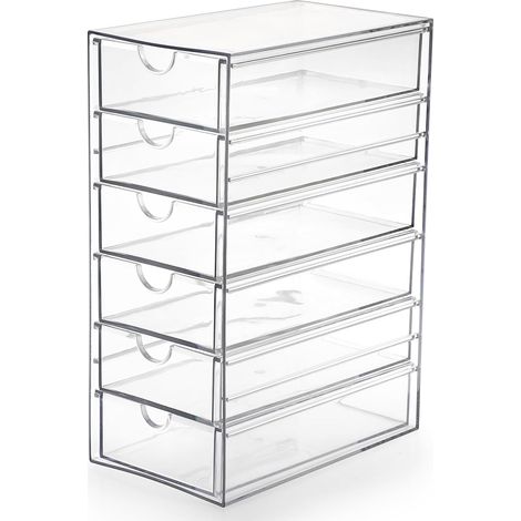 Caja organizadora de acrílico con 6 cajones Transparente, organizador de accesorios para el cabello, almacenamiento para baño, armario, vestidor, oficina, 10 × 17 × 25 cm