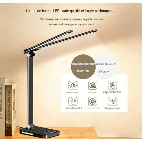 Lampe de bureau led noire à double tête pliable rechargeable multifonction protection des yeux anti lumière bleue sans scintillement lampe de lecture pour bureau étudiant dortoir (1/5)