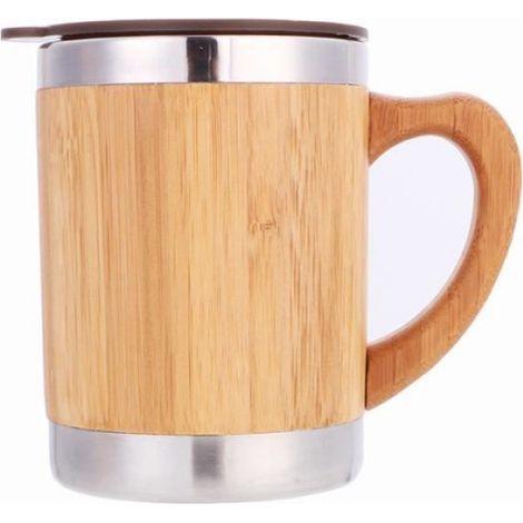 Tasse à café - Inox - 350ML - Isolante - Poignée en Bambou - Couvercle Plastique (1/4)