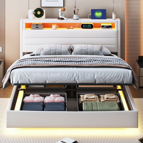 Cama tapizada 140x200 cm beige, almacenaje hidraulico con USB y luces LED (1/5)