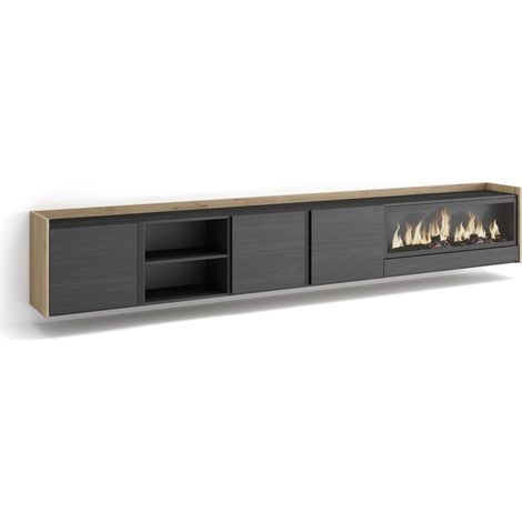 Skraut Home - Meuble TV, Banc Télé, Grand espace de Rangement, 315x35x50cm, Pour les TV jusqu'à 80", Cheminée électrique XXL, Suspendu, Mural, Style moderne, Noir et chêne (1/5)