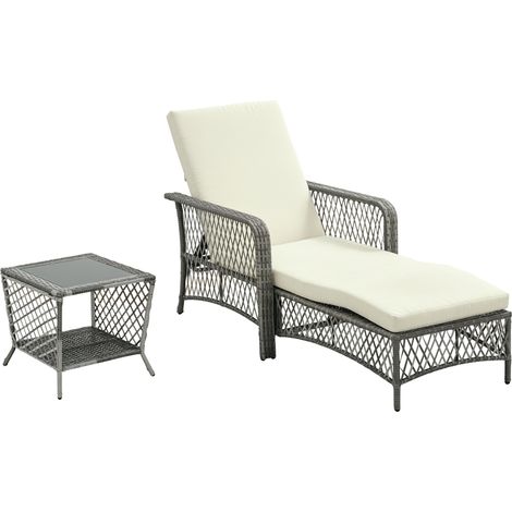 Set composto da sedia a sdraio con poggiapiedi e tavolino in vimino PE, divano da giardino regolabile a 5 posizioni e tavolino a due piani, colore bianco crema