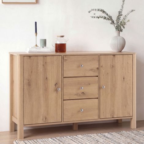 Credenza da soggiorno con 3 cassetti e 2 ante, soluzione versatile per riporre oggetti in soggiorno o ingresso, 120x40x80 cm, legno di rovere (1/5)