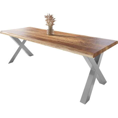 Esstisch Baumkante massiv Mango rough 300 x 100 X-Gestell silber ATLAS (1/5)