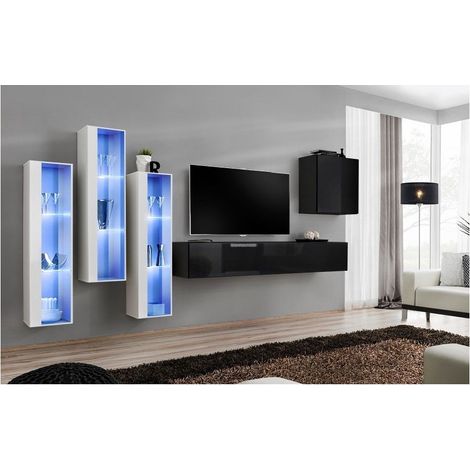 Ensemble meuble TV mural  - Switch XIII - 330 cm  x 160 cm x 40 cm - Blanc et noir - Livraison gratuite