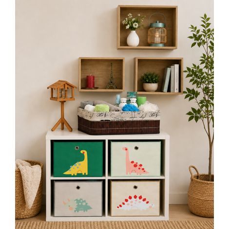 Set contenitori per la cameretta dei bambini (3 pezzi) – Scaffale a 3 cubi, cesto in bambù e confezione da 4 contenitori a forma di animali (1/5)