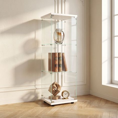Vitrine aus Glas mit 3 Ebenen 42x36x125 cm, Vitrinenschrank mit Schloss, aus gehärtetem Glas, modernes Design, Weiß