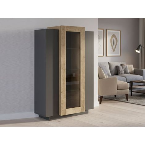 Dmora - Vitrina Dfrutt, Aparador con tres puertas, Mueble salón polivalente, 100% Made in Italy, cm 80x38h121, Antracita y Arce