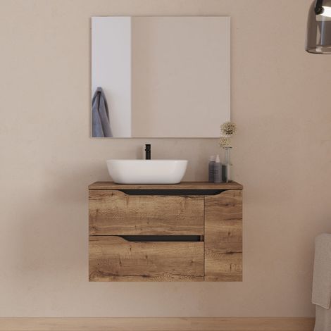 Meuble de salle de bain 80cm avec plateau, vasque à poser déportée à gauche Zeus et miroir - 2 tiroirs et un placard - tabaco (bois foncé) - ZARZA