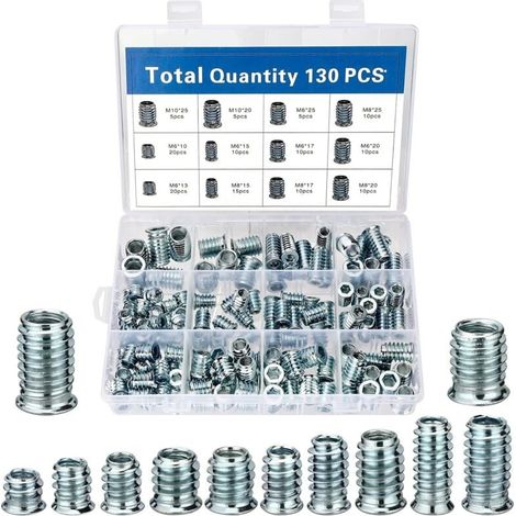 130 Pièces Insert Fileté, M6/M8/M10 Insert Fileté Bois Écrous à Visser, Manchons à Visser en Acier Galvanisé, Insert Fileté Nuts pour Meubles en Bois-LIAIKI (1/5)