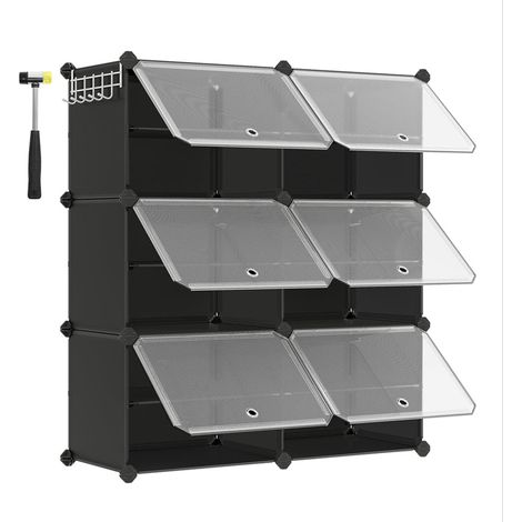 Rangement chaussures 6 compartiments étagère de rangement modulable compartiment de 30 x 40 x 30 cm avec porte cadre en acier panneaux en plastique noir (1/5)