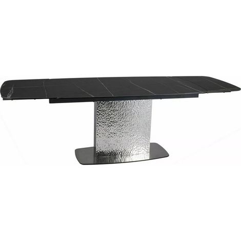 Table design extensible aspect marbre noir avec pied central en acier inoxydable Eglantine (1/5)
