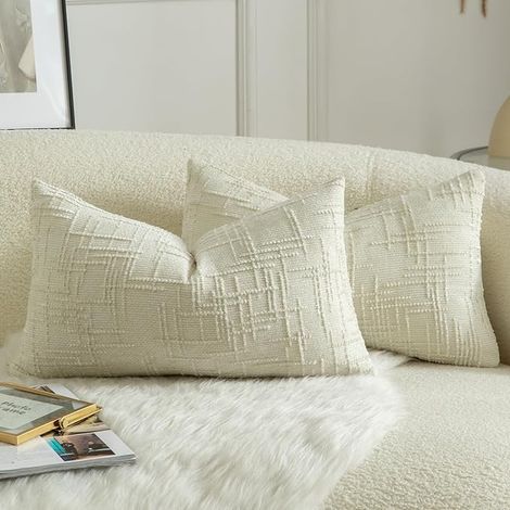 Lot de Housses de Coussin en Chenille Design Noeud de Bambou pour Canapé Lit ou Salon 30x50 cm Blanc (1/5)
