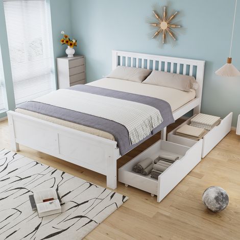 Lit en bois, lit double, lit pour adolescent, lit pour adulte, avec tiroirs de rangement, cadre en pin, blanc (140x200 cm) (1/5)