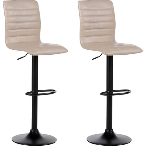 Barhocker Hellbeige Kunstleder Höhenverstellbar Drehbar mit Hoher Rückenlehne Schwarzes Metallgestell Fußstütze Modern Kücheninsel Küchenbar