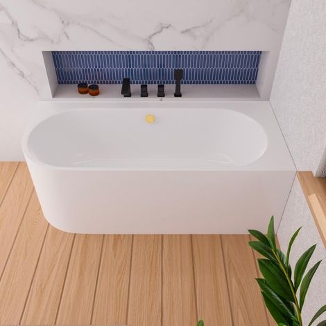 ECOLAM Baignoire autoportante Vigoo version gauche ou droite  montage mural  siphon click-clack  set complet (Siphon doré, 165x75 cm droite) (1/4)