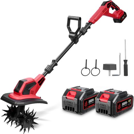 Motocoltivatore elettrico a batteria, Motozappa con 4 lame in acciaio, larghezza di lavoro 24 cm, profondità di lavoro 17 cm, con 2 batterie (1/5)