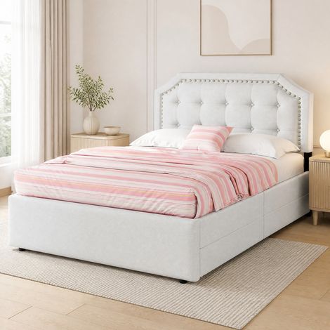 Letto contenitore 90x200 cm in tessuto beige chiaro FloraGrace (1/5)