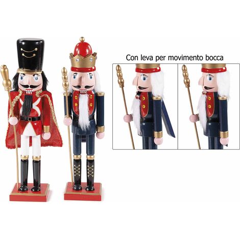 Decorazione di Natale a soldatino schiaccianoci in legno con leva per movimento bocca, set da 2 pezzi, cm 11 x 9 x 38 H