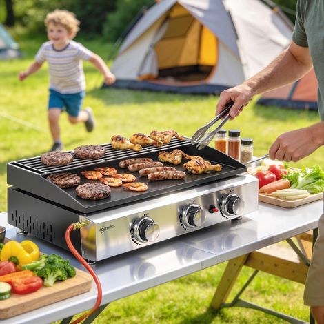 Plancha Gaz en Inox, 3 Brûleurs, Barbecue à Gaz avec Plaque Émaillée et Grille de Réchauffage, 7,5 kW, 62x44x21cm, Noir (1/5)
