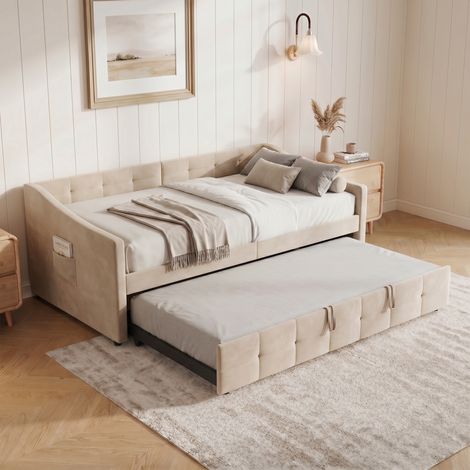 Sofá cama 90x200 cm – Amplio espacio de almacenamiento – Cajones integrados – Bolsillos laterales – Base de láminas – Terciopelo beige (1/5)