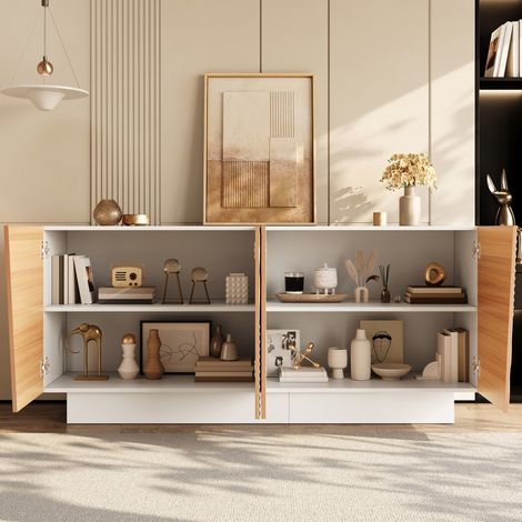 Buffet design salon, meuble à 4 portes, structure rainurée géométrique, 2 espaces de rangement distincts, étagères ajustables en hauteur, armoire basse élégante (1/5)