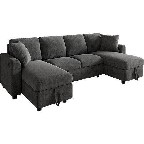 Divano letto a U in ciniglia grigio con 2 contenitori, USB e Type-C, 260x128x82 cm (1/5)