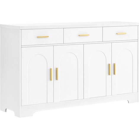 Buffet blanc en MDF, 3 tiroirs, portes à relief arqué et poignées dorées (1/5)