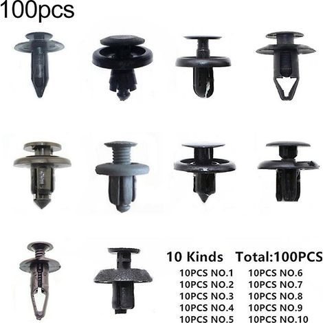 100 piezas de tornillos, remaches y clips de sujeción de plástico para parachoques, paneles de puertas, guardabarros y maleteros de coches (1/5)