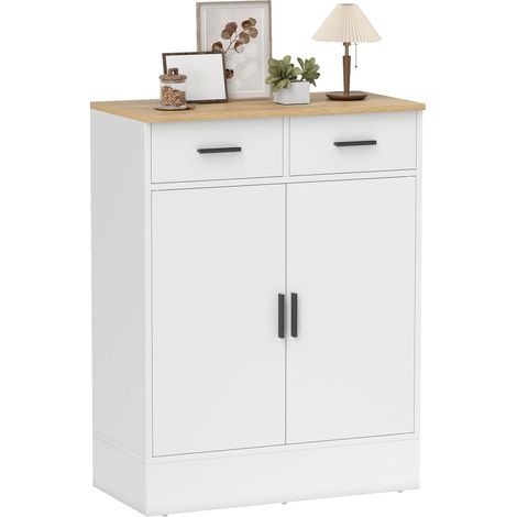 Sideboard mit Stauraum, Kommode mit 2 Schubladen, verstellbares Regal, für Küche, Wohnzimmer, Flur, Naturholz, Weiß (1/5)