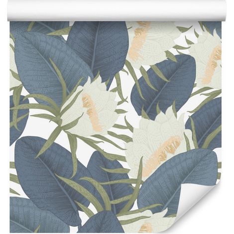 Papel pintado con estampado de hojas tropicales y flores para salón y dormitorio, 50x1000 cm. (1/5)