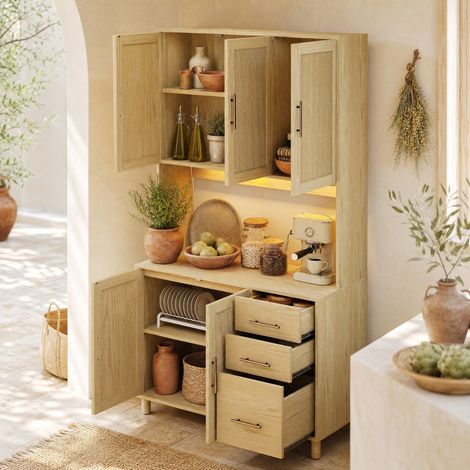 Aparador 100x40x183 cm de MDF natural con almacenaje para comedor FloraGrace (1/5)
