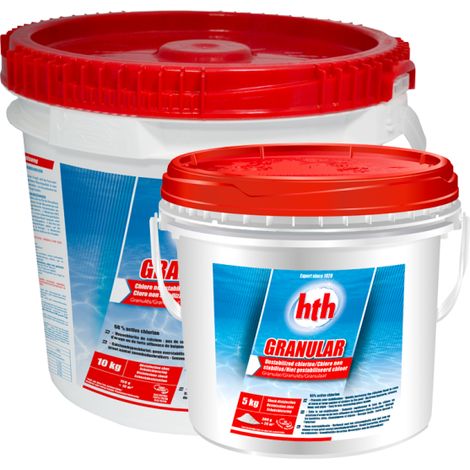 HTH – Désinfectant chloré de piscine – Hypochlorite de calcium granulés 5 kg – Dissolution rapide pour eau cristalline – Teneur en chlore 65% (1/4)