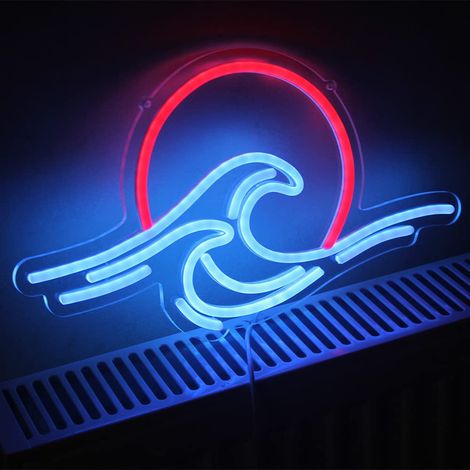 Sunset & Sea – Panneau néon LED en forme de vague pour décoration murale cool pour salon, chambre à coucher de garçon et de fille, alimentation USB (38,1 x 22,1 cm) (1/5)