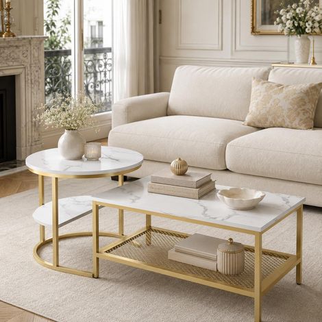 Lot de 2 Table basse, Lot de tables gigognes de salon effet marbre blanc design scandinave chic avec rangement, Doré (1/5)