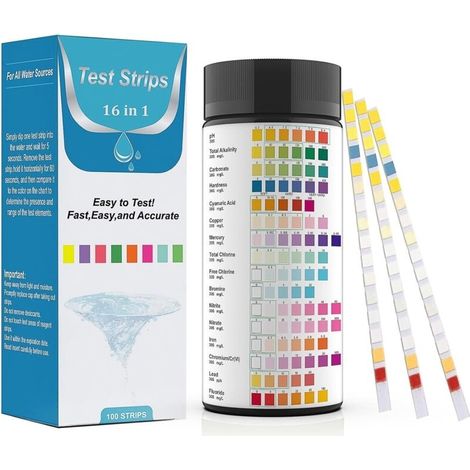 16-en-1 Bandelettes de Test d'Eau (100 unités) – Analyse pH, Nitrites, Chlore, Dureté, Mercure & Plomb dans l'Eau Potable, Piscine, Aquarium