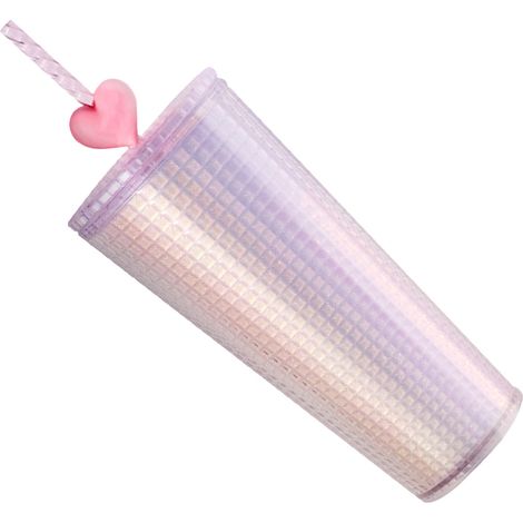 Glänzende, doppelwandige Wasserflasche mit Strohhalm, herzförmigem Trinkbecher mit hohem Fassungsvermögen, Deckel, glänzendem Papier mit breiter Öffnung (1/5)