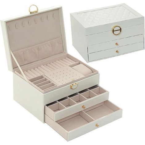 Coffret à bijoux à 3 niveaux - Petit coffret à bijoux - Organisateur de rangement - Coffret à bijoux avec tiroirs - Petit écrin à bijoux - Boîte de rangement pour bagues - Cuir PU - Blanc (1/5)