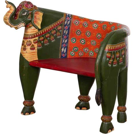 Banco de madera de elefante pintado multicolor, 89x80x92h cm