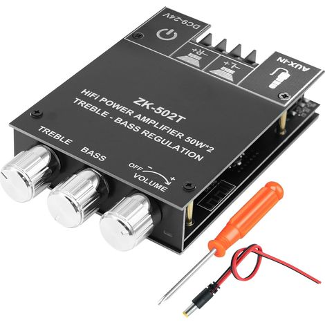 ZK-502T Bluetooth 5.0 Stereo Hi-Fi Amplifier 2x50W, Bluetooth Amplifier for Speakers, Mini Stereo AUX BT DC12-24V Amplifier Board with Treble/Bass Control for DIY Home Speakers