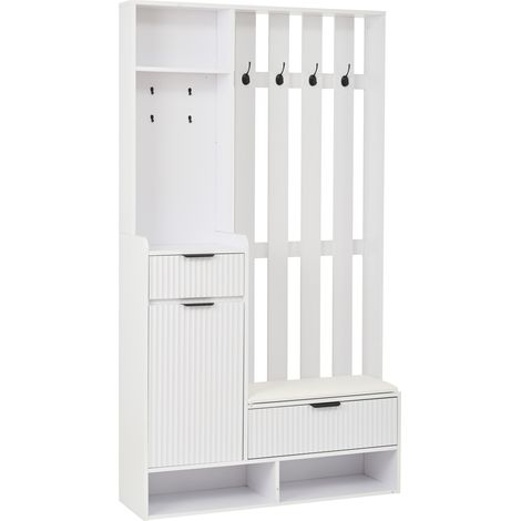 Mueble de recibidor 6 en 1 blanco 100 x 30 x 180 cm con 8 ganchos, 2 cajones, armario y banco (1/5)