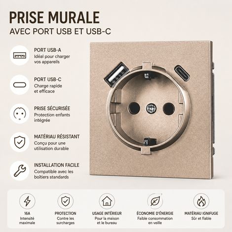 Prise murale allemande Série Z doré Soft Touch avec 2 ports USB A+C german socket with 2 13 × 9 × 10 cm 170 g – Livraison gratuite