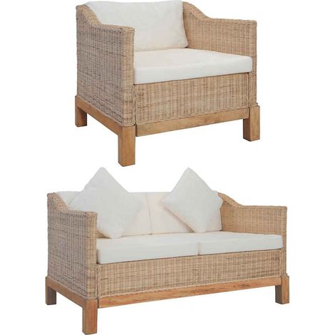 2-tlg. Sofagarnitur mit Kissen Natur Rattan