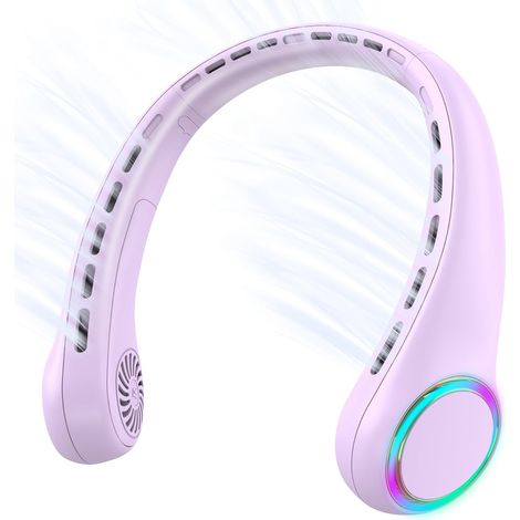 Ventilateur de cou portable, ventilateur personnel avec batterie de 4000 mAh, ventilateur de cou rechargeable avec 3 vitesses et 64 lumières rafraîchissantes (violet) (1/5)