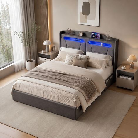 Lit coffre 140x200 cm, Cadre de lit avec led et rangement, TĂŞte de lit fonctionnelle avec usb et type-c, sommier Ă lattes, gris lin lit double (1/5)