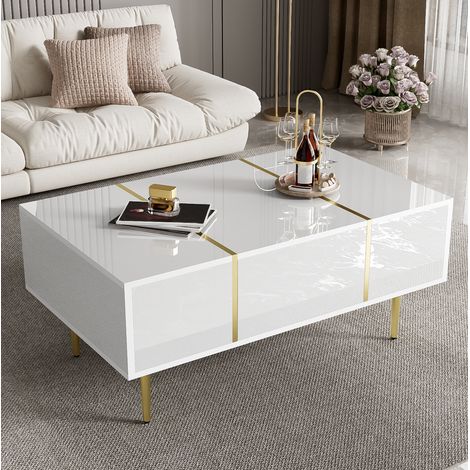 Mesa de centro 100x60x41.5 cm blanca en MDF con acabado brillante y 2 cajones (1/5)